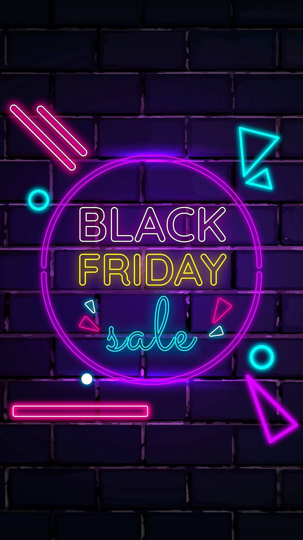 黑色星期五霓虹燈 壁紙 — 鮮豔的霓虹燈在深色磚牆上拼出 Black Friday Sale，幾何形狀閃爍著粉紅、紫色和青色。