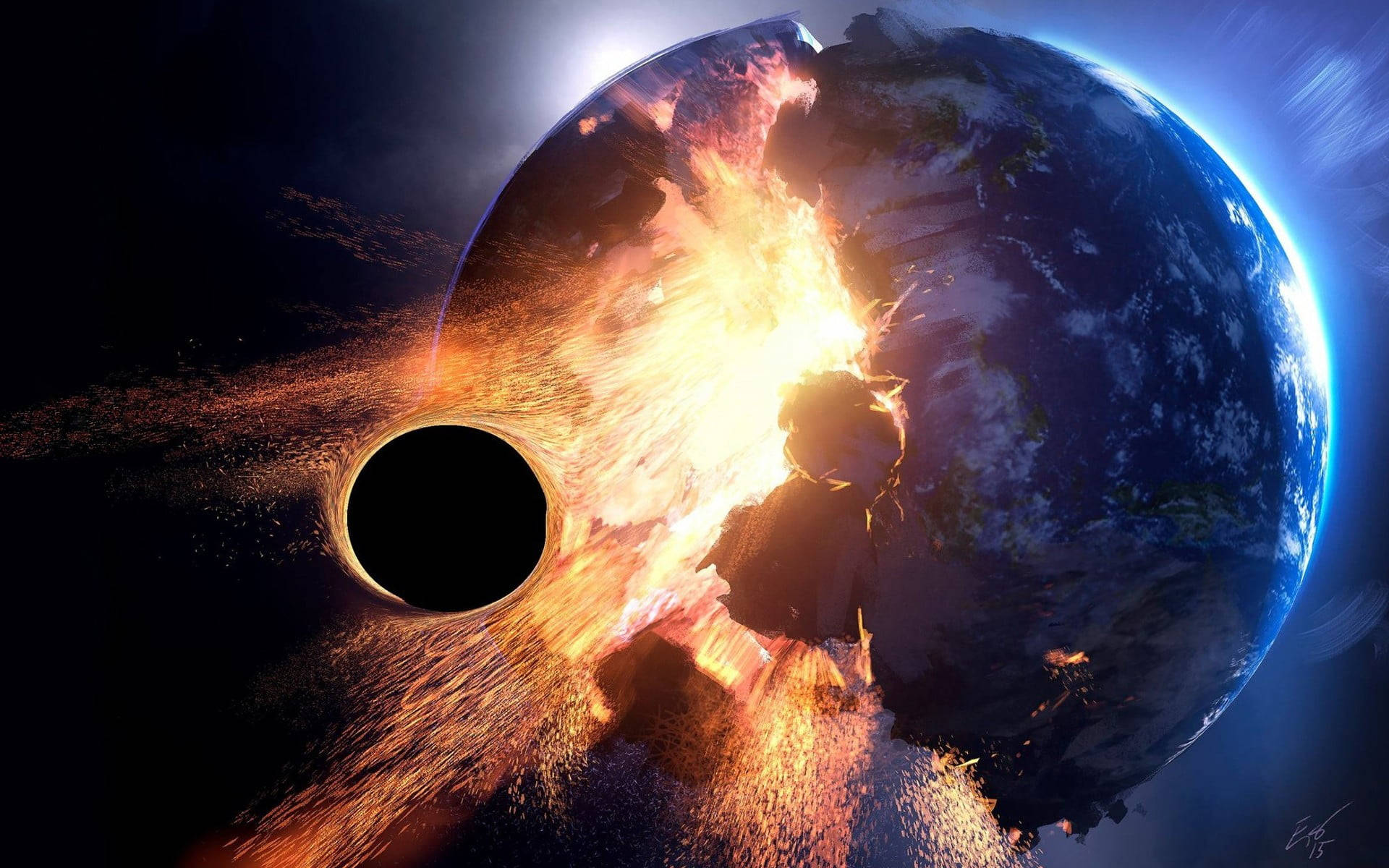 黑色星球與地球毀滅 壁紙 — 行星在黑洞引力下碎裂，伴隨著熾熱的碎片和宇宙光芒。
