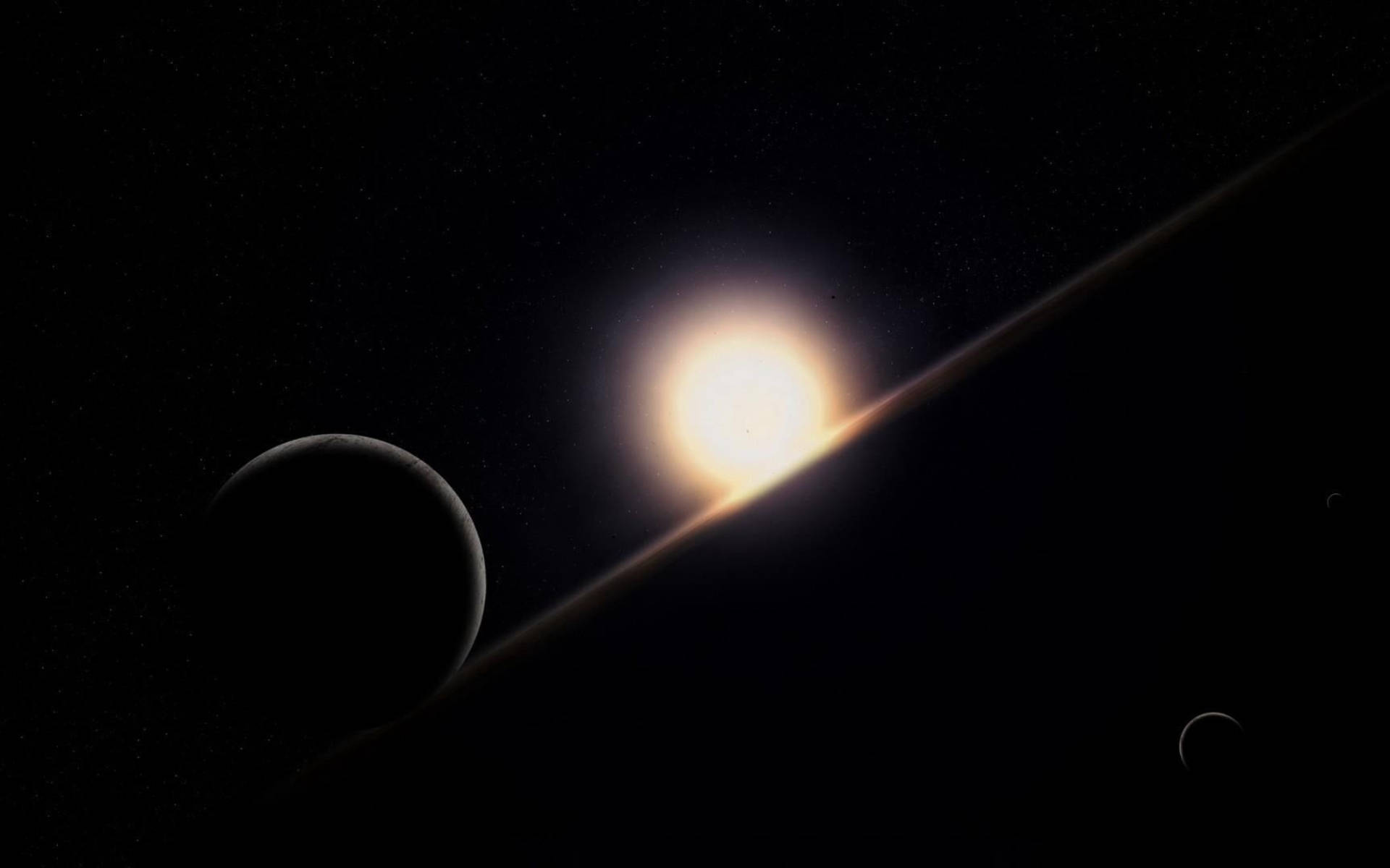 黑色星球與明亮恆星 壁紙 — 一顆發光的星星在行星和廣闊環系統後面，在星場中閃耀。