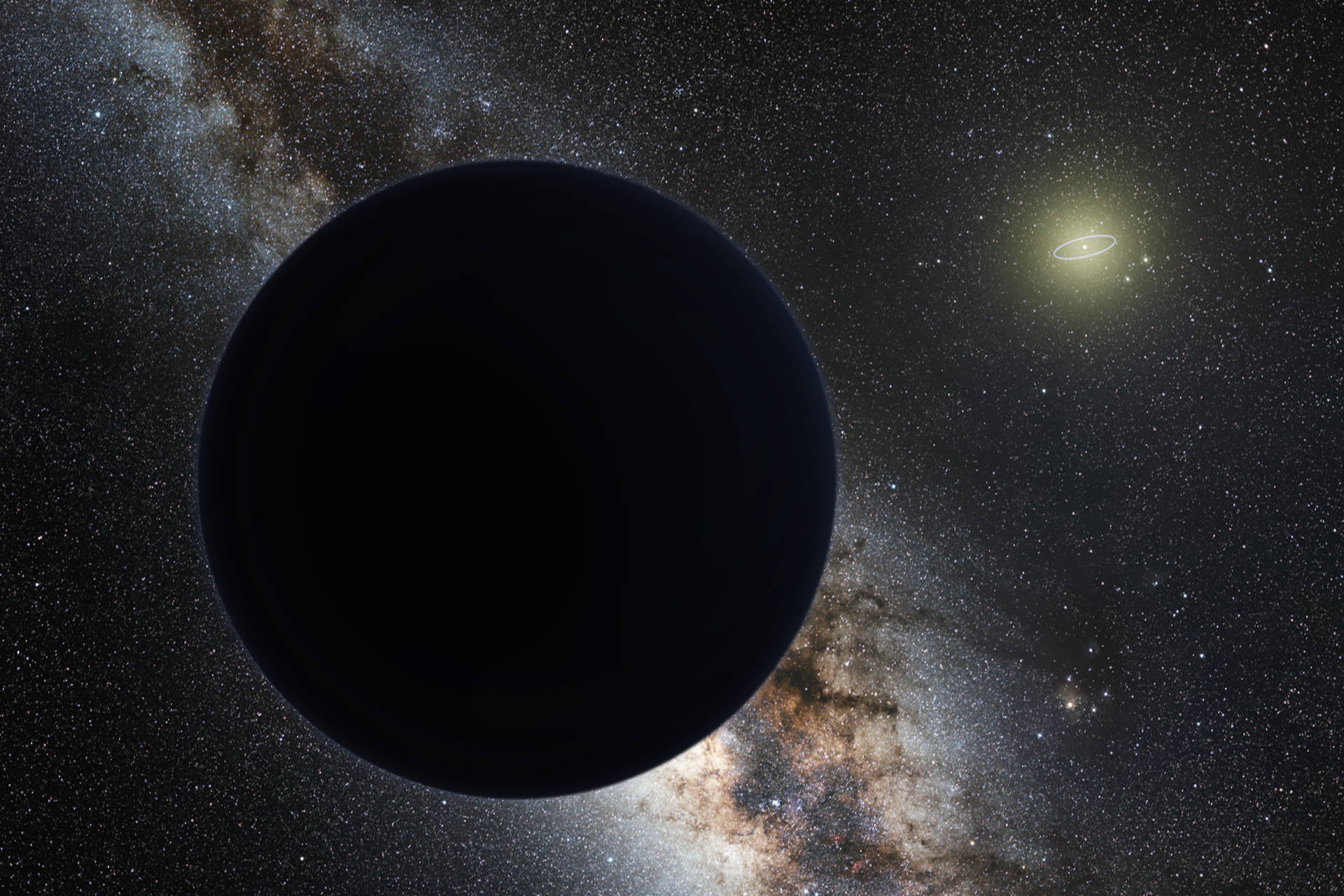 黑色星球與眾星 壁紙 — 一顆黑暗行星在繁星點點的星系背景下隱現，附近有一顆發光的環狀恆星。