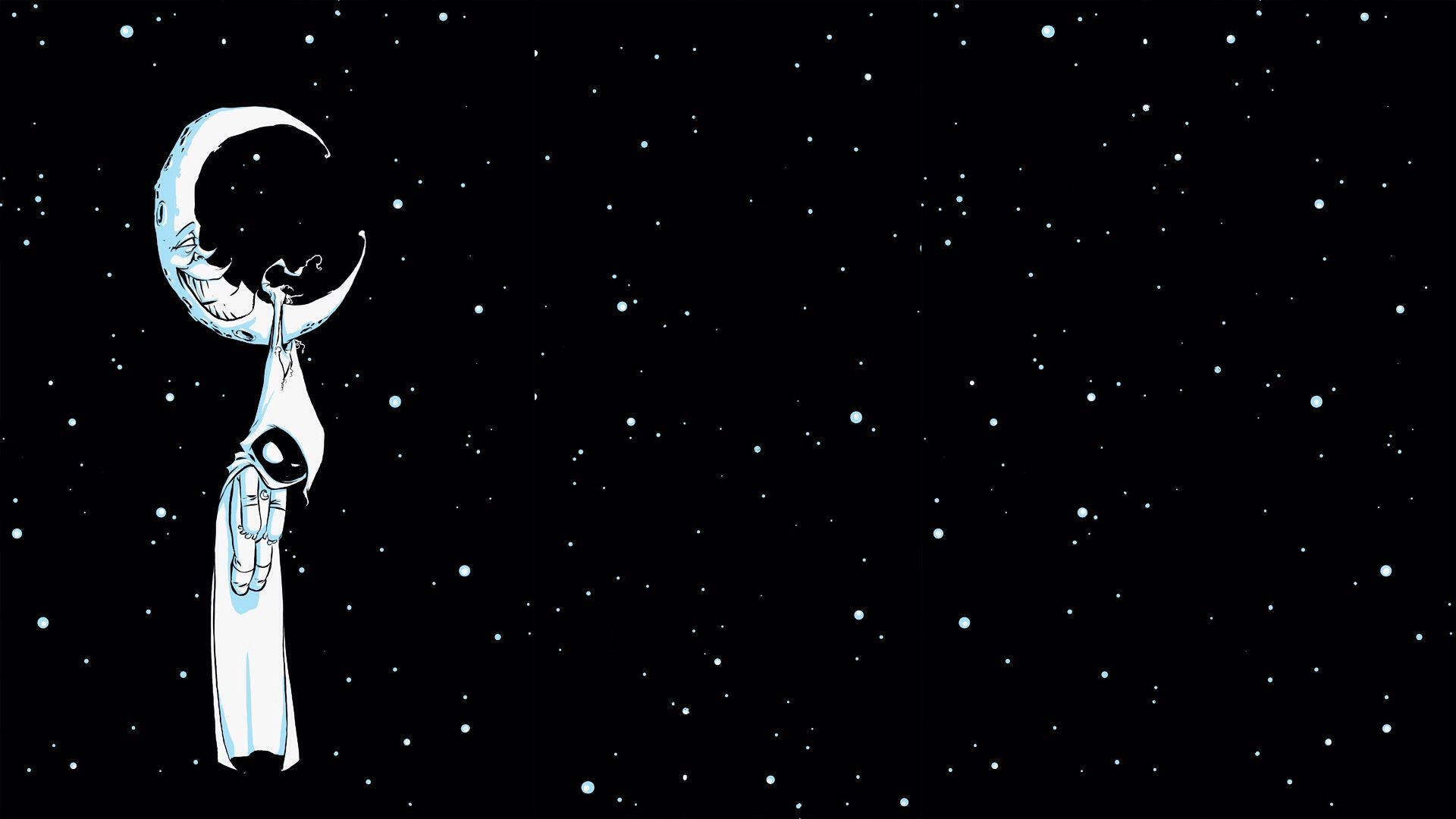 一個卡通月亮在滿天星斗的夜空中抱著一個太空人。