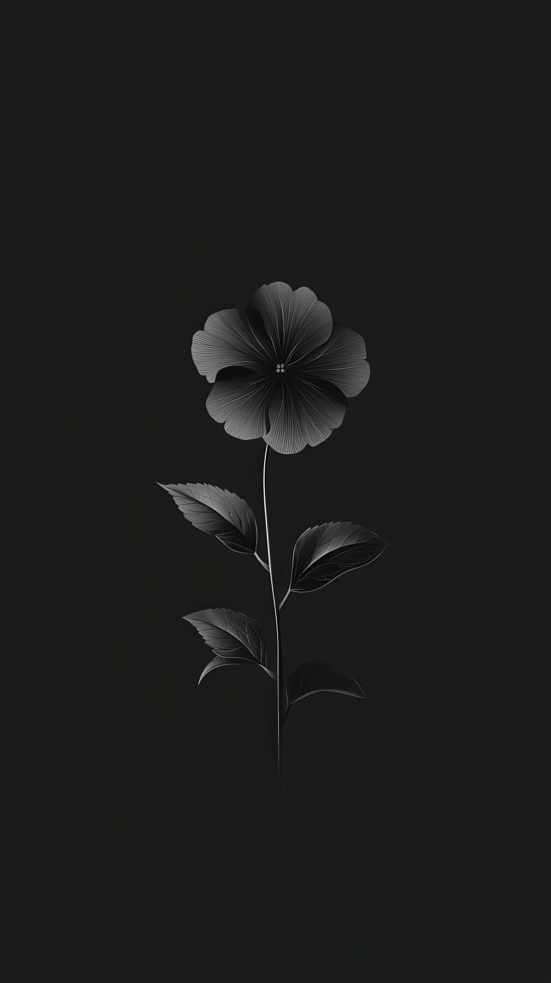 黑色極簡花朵，花瓣與葉片精緻，背景深邃 壁紙 — 一朵單一風格化的花朵，帶有層層花瓣和葉子，從深色背景中以單色調浮現。
