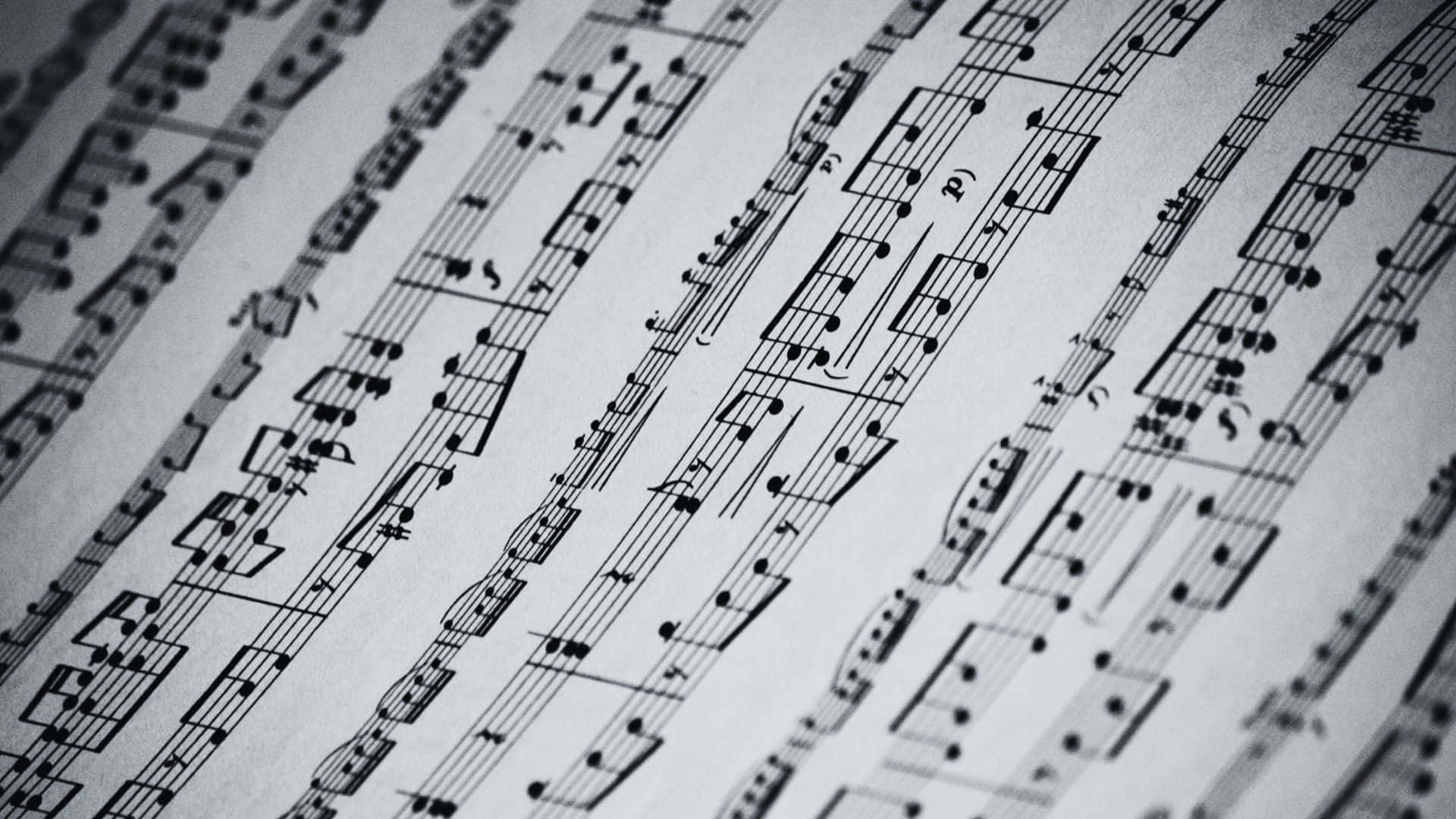 Black And White Music 桌布 壁紙 — 黑色樂譜符號喺白紙上嘅特寫，景深淺，有對角線。