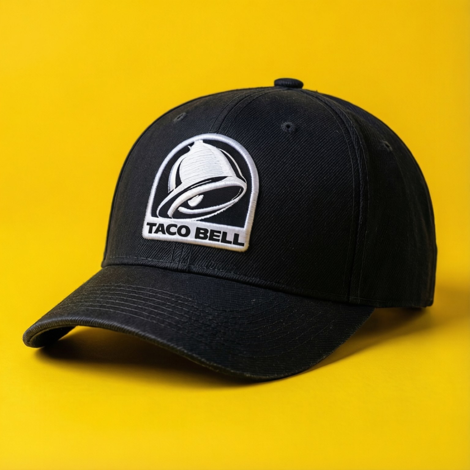 黑色標誌帽 壁紙 — 一頂黑色棒球帽帶有白色Taco Bell標誌，放在鮮黃色背景上。