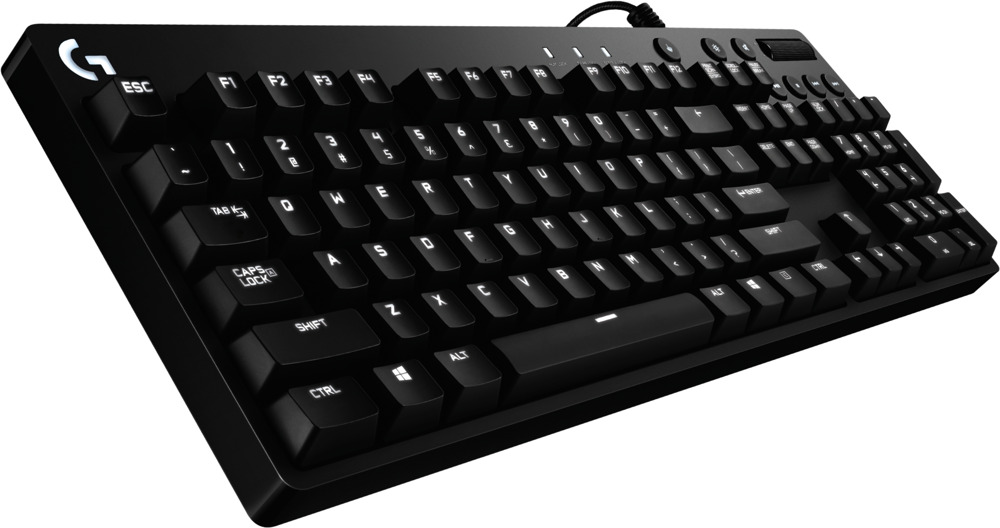黑色機械遊戲鍵盤 壁紙 — 一個時尚的黑色Logitech機械鍵盤，傾斜放置在純黑色背景上，帶有微妙的燈光高光。