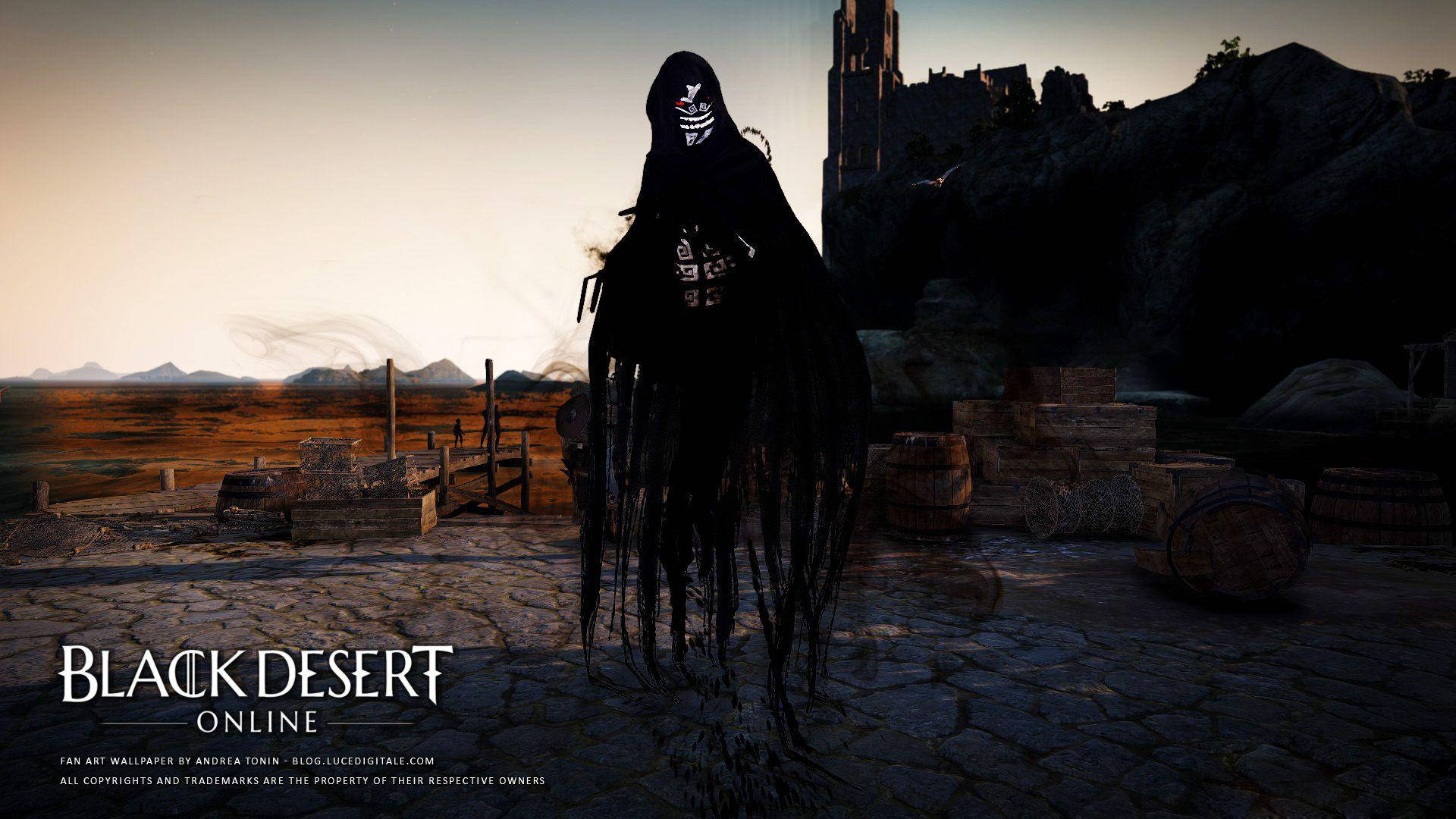 一個戴著頭骨面具的兜帽人物站在黃昏時分沙漠前哨站，靠近一座城堡。