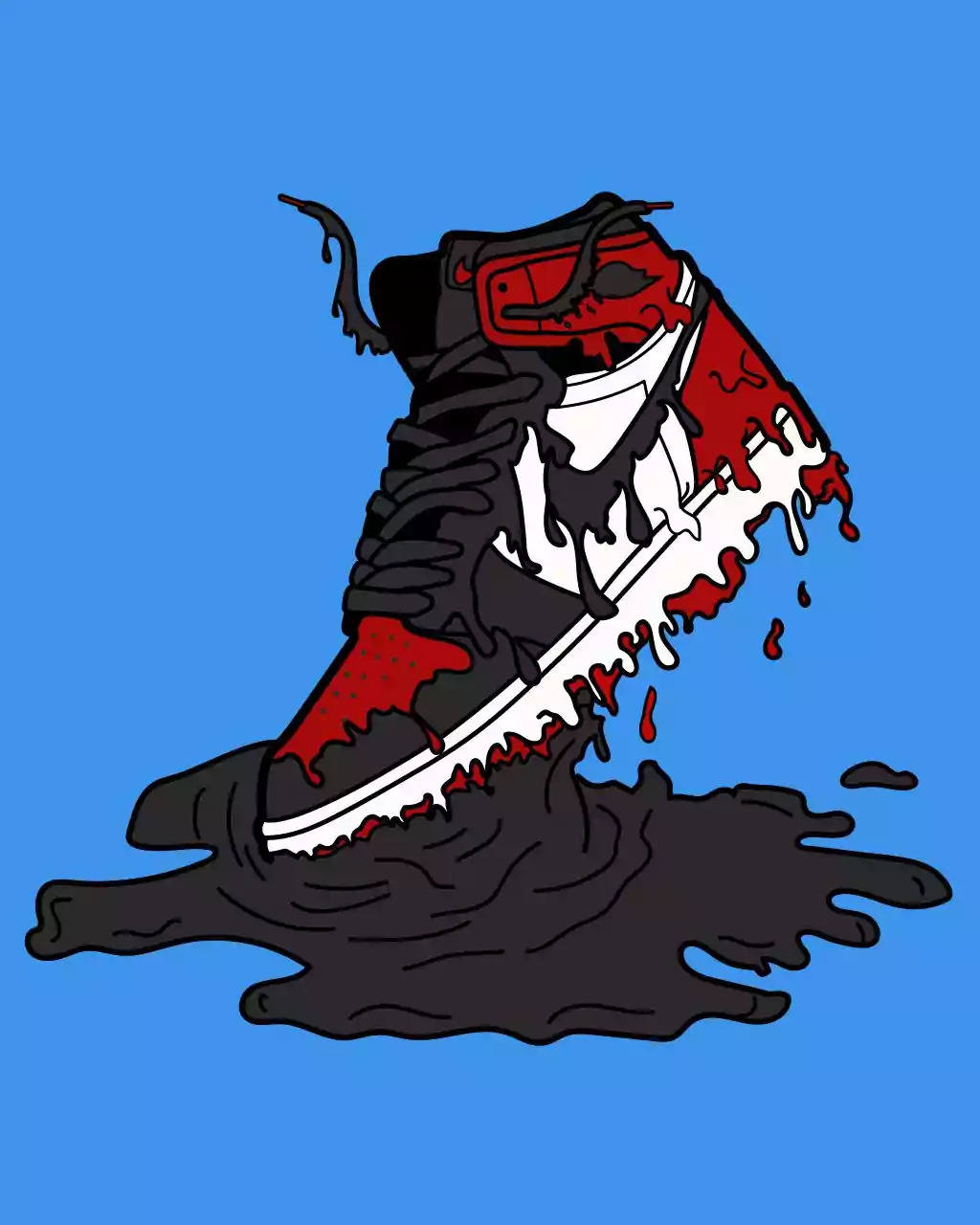 黑色滴落Nike鞋 壁紙 — 一對黑色和紅色的運動鞋，帶有滴落的油漆和融化的鞋帶，坐在一灘深色黏液中，背景是明亮的藍色。