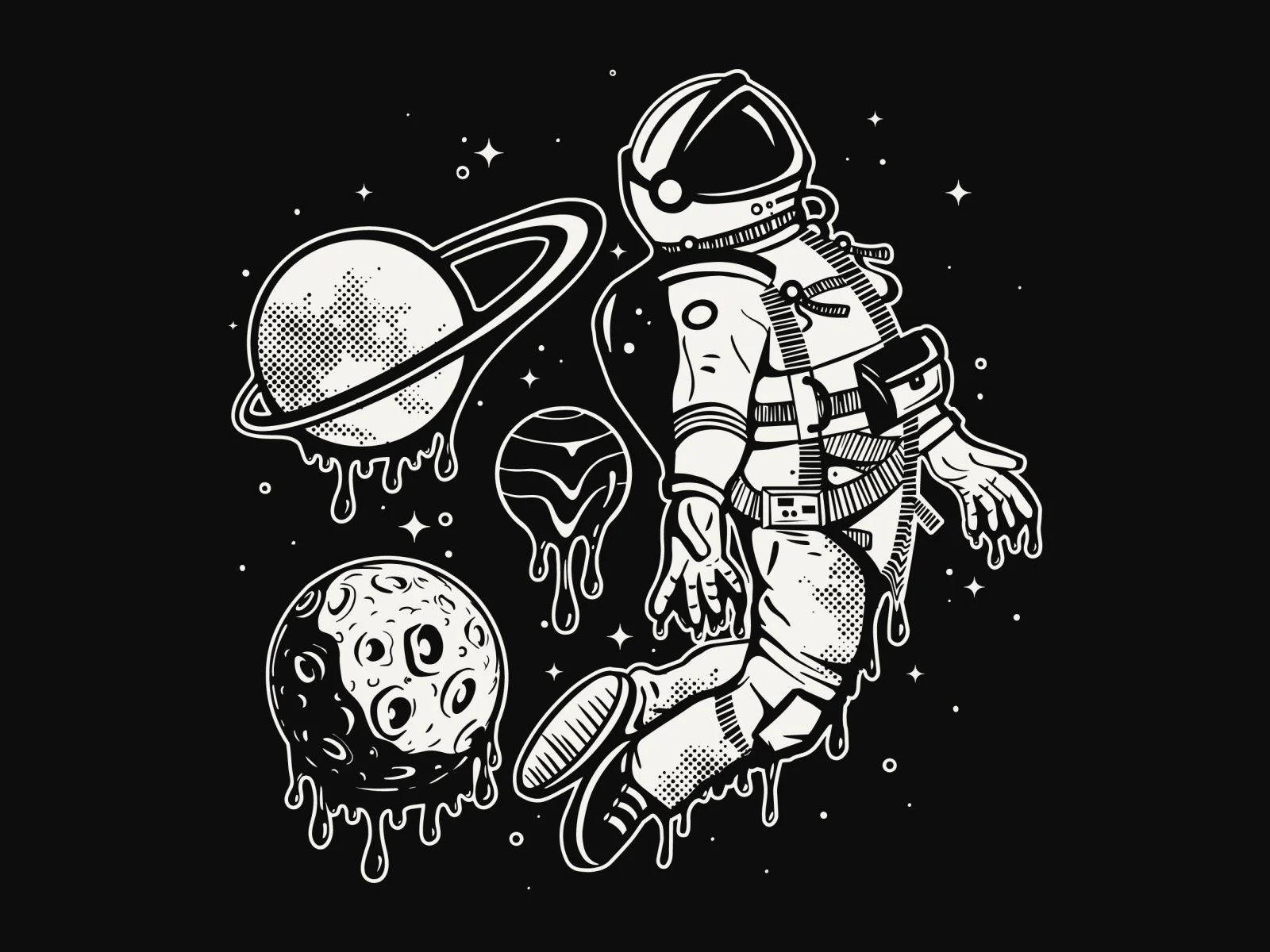 黑色滴落外太空 壁紙 — 一個風格化的太空人在融化的行星和星星之間漂浮，呈現出鮮明的黑白插圖。