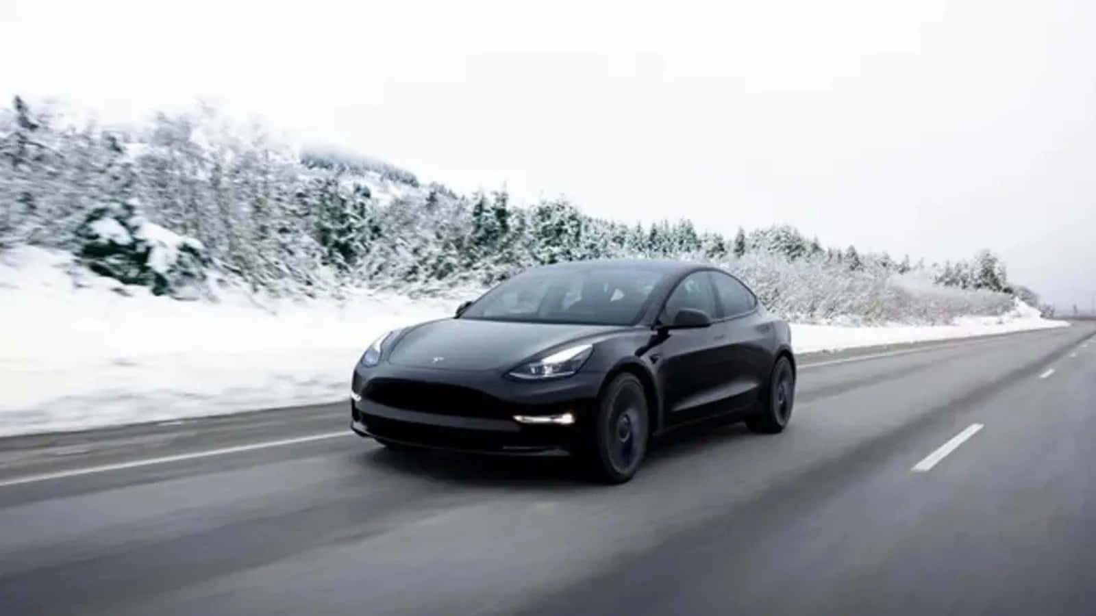 黑色Tesla Model Y在冬季森林中的雪路上行駛。