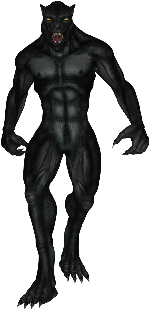 黑色狼人形象.PNG 壁紙 — 一個帶有發光黃色眼睛和露出獠牙的威脅性黑豹人形站在黑暗虛空中。
