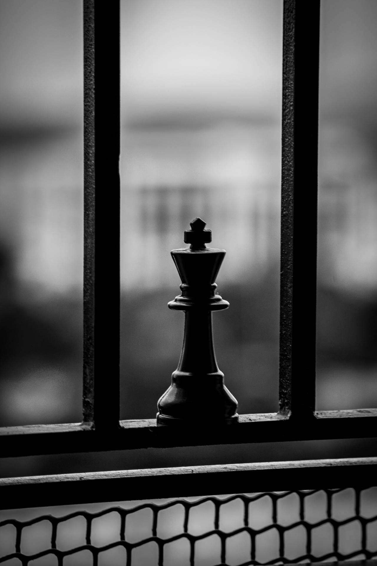 單色金屬欄杆後的國際象棋國王