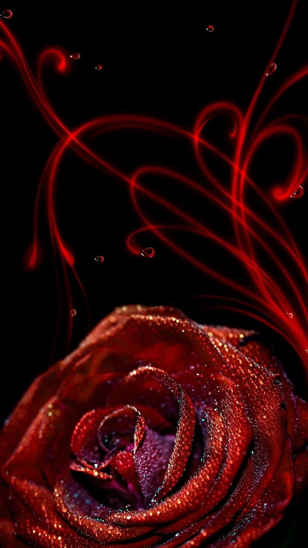 一朵帶露珠的紅玫瑰，在黑色背景上帶有發光的紅色漩渦。
