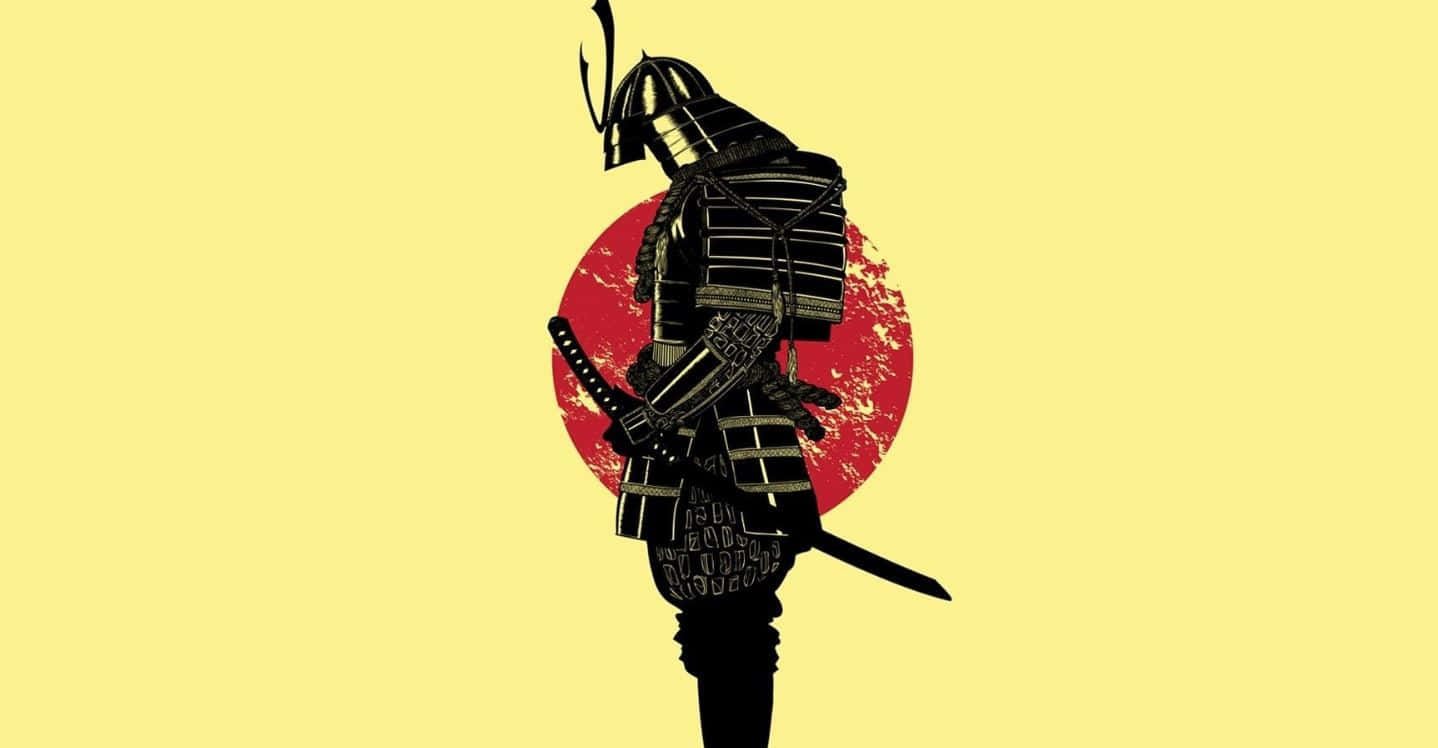 47 Ronin 桌布 壁紙 — 黑色盔甲的武士剪影站在紋理紅太陽前，背景為淡黃色。