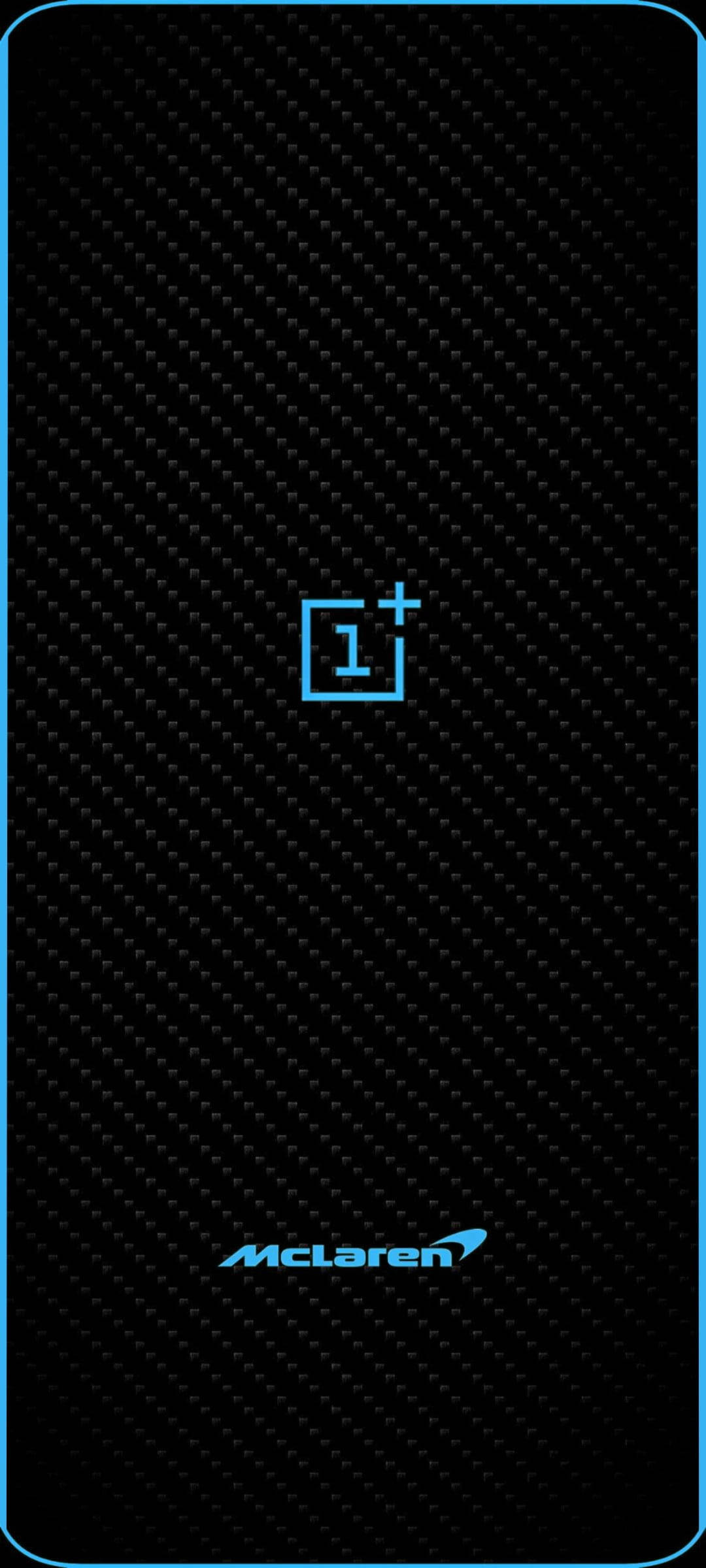 Logo 桌布 壁紙 — 黑色碳纖維牆紙，帶有發光的藍色OnePlus和McLaren標誌，並以幼藍色邊框框住。