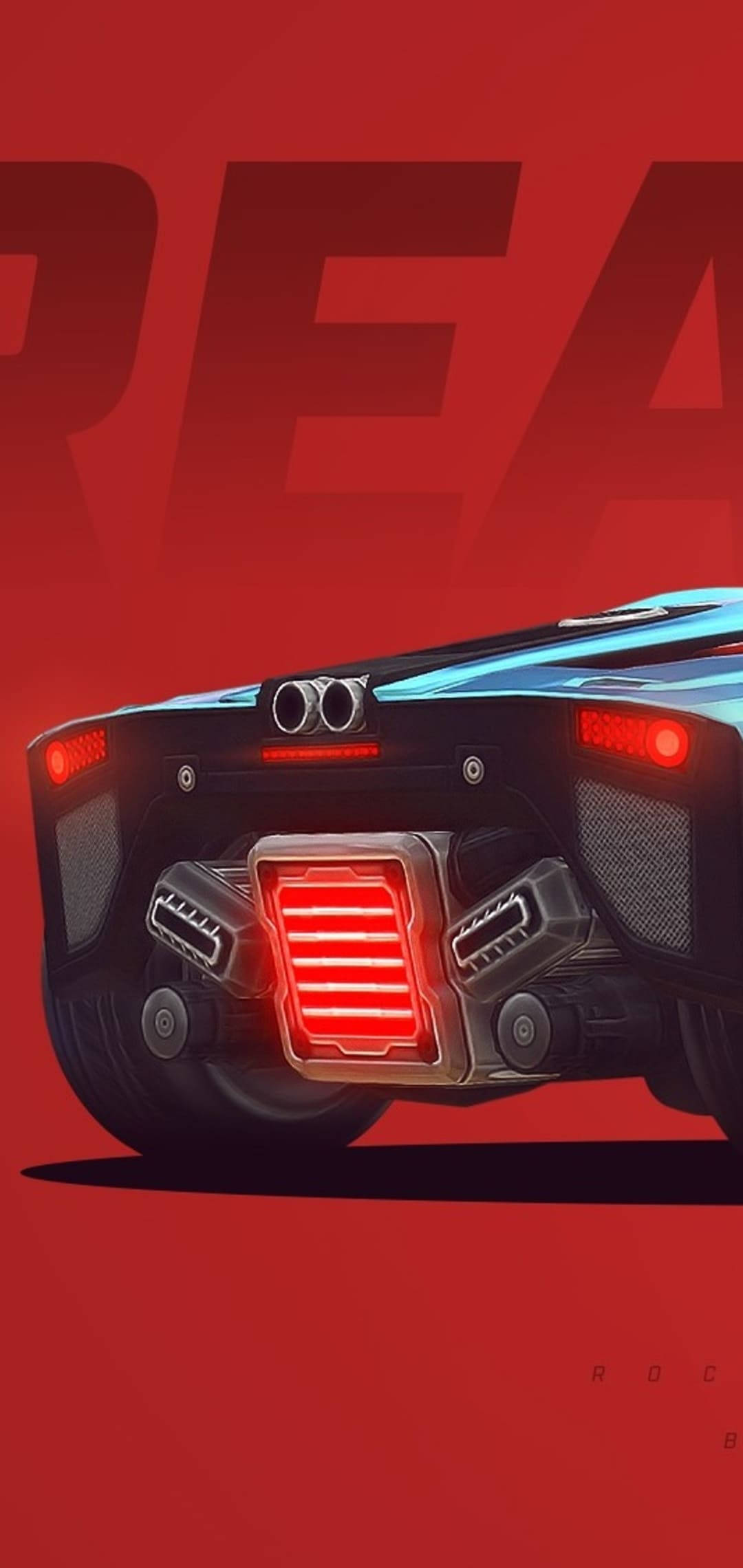 黑色突破車 Rocket League iPhone 壁紙 — 一款時尚的未來主義跑車，帶有發光的紅色尾燈和藍色點綴，背景為大膽的紅色。