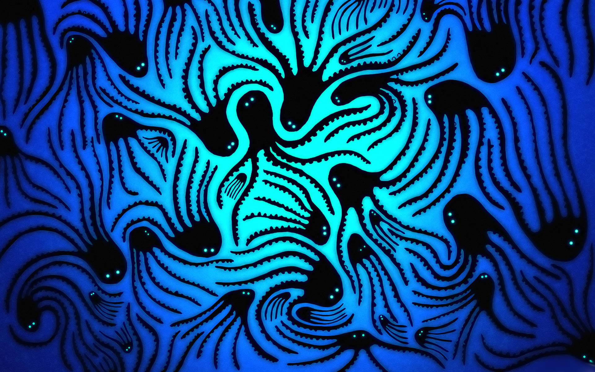 帶有黑色輪廓的抽象藍色發光漩渦，形成催眠圖案。