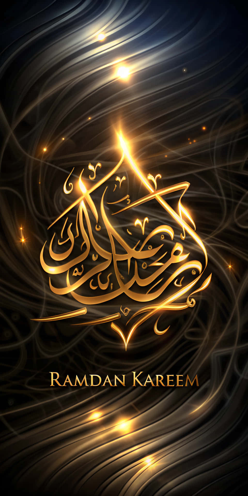 金色的 Ramadan Kareem 書法，在黑暗旋轉背景上閃爍著燈光
