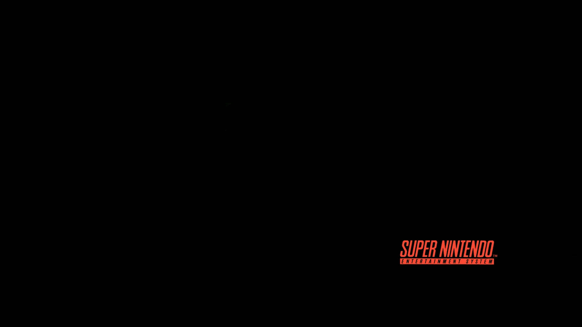 黑色經典超級任天堂主機 壁紙 — 黑色背景，右下角有紅色Super Nintendo Entertainment System標誌。