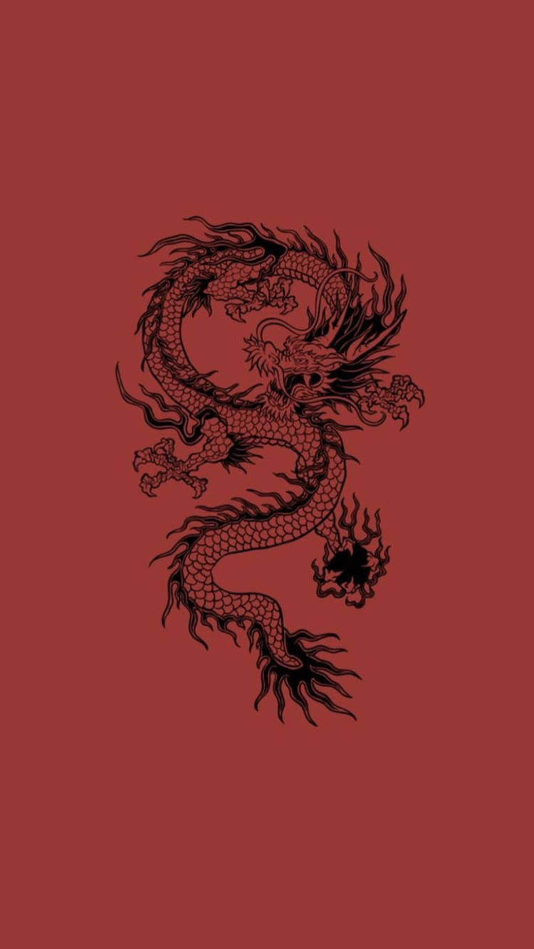 黑色線條的日式龍 壁紙 — 一條黑色墨水的傳統龍在純深紅色背景上動態盤繞。