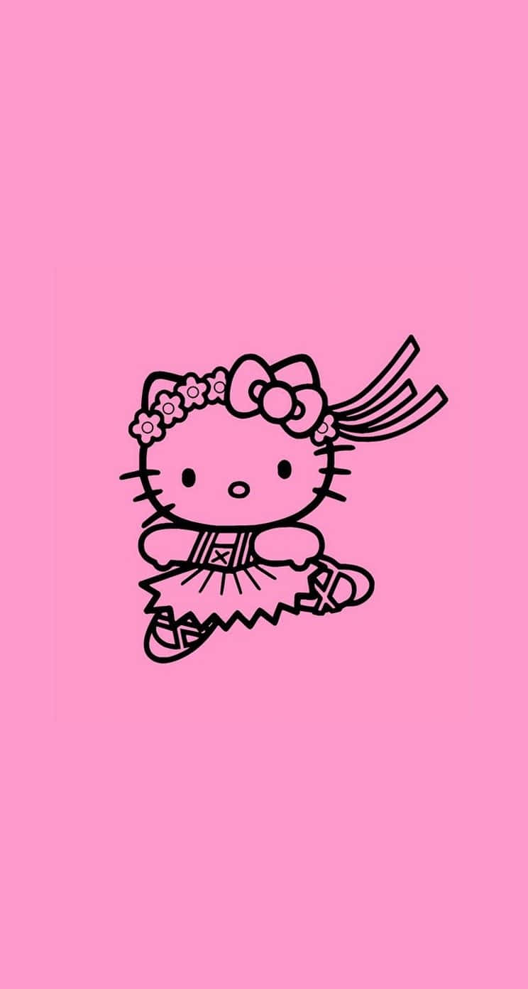  壁紙 — 黑色線條藝術Hello Kitty以芭蕾舞姿勢，戴著花卉頭帶和蝴蝶結，在純粉紅色背景上。