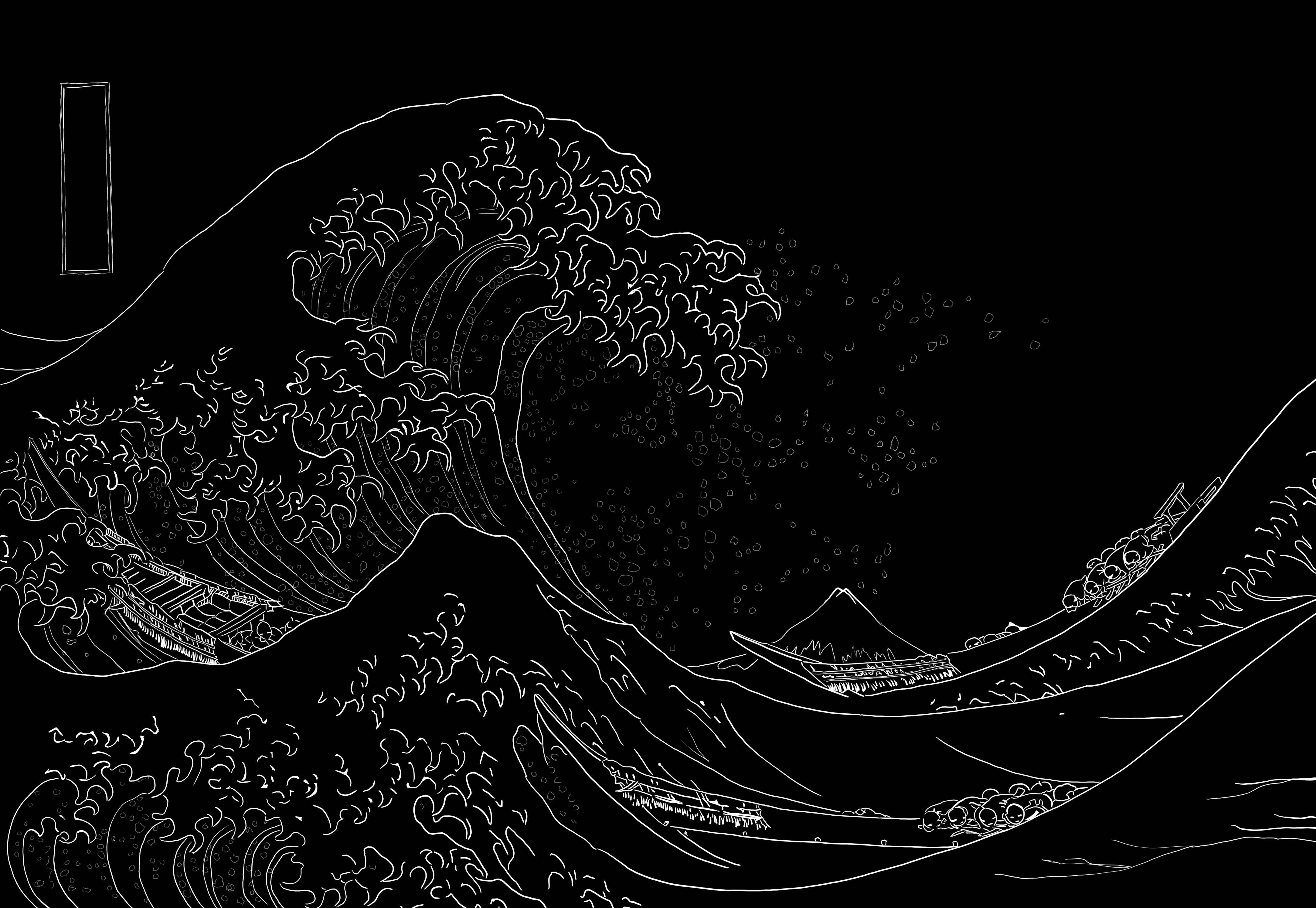 黑色美學日本海浪 壁紙 — 一幅鮮明的白色線條畫，描繪神奈川沖浪裏，背景為黑色，遠處有富士山。