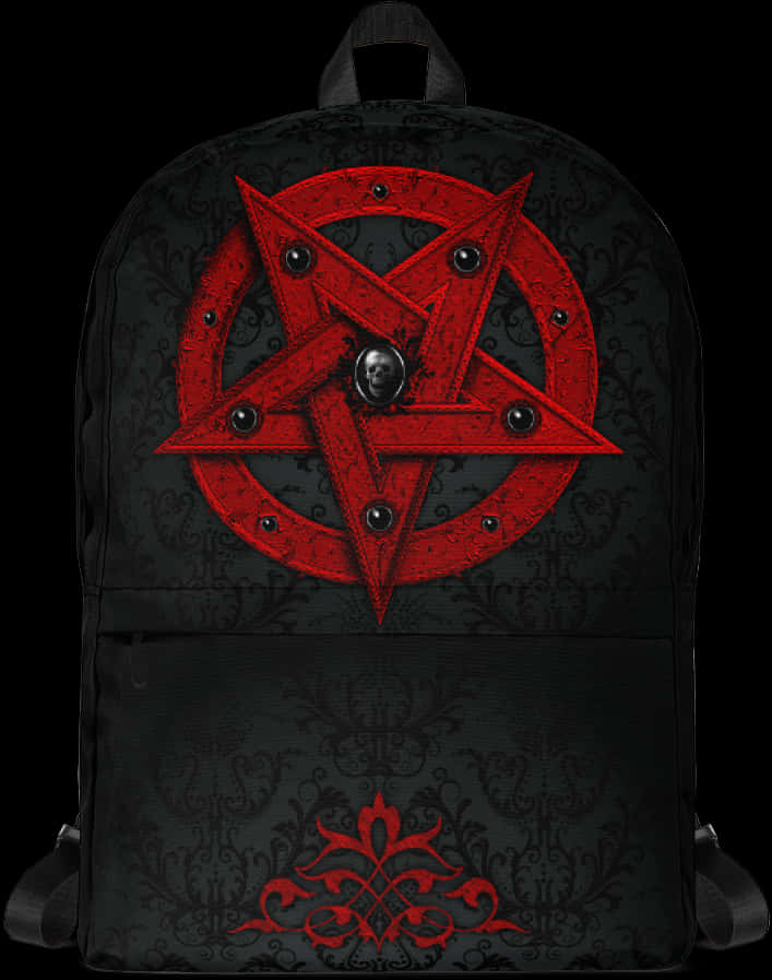 Red Pentagram Backpack 壁紙 — 黑色背包，帶有紅色五角星和骷髏標誌，背景為深色錦緞圖案。