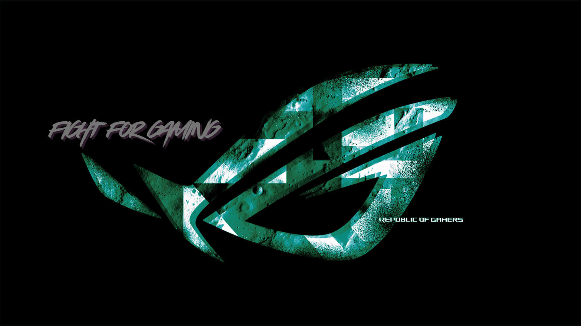 黑色背景上帶有 fight for gaming 文字的青綠色 ROG 標誌 — 抽象藝術 壁紙