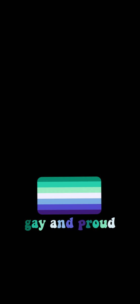 黑色背景上帶有「gay and proud」文字的彩虹旗