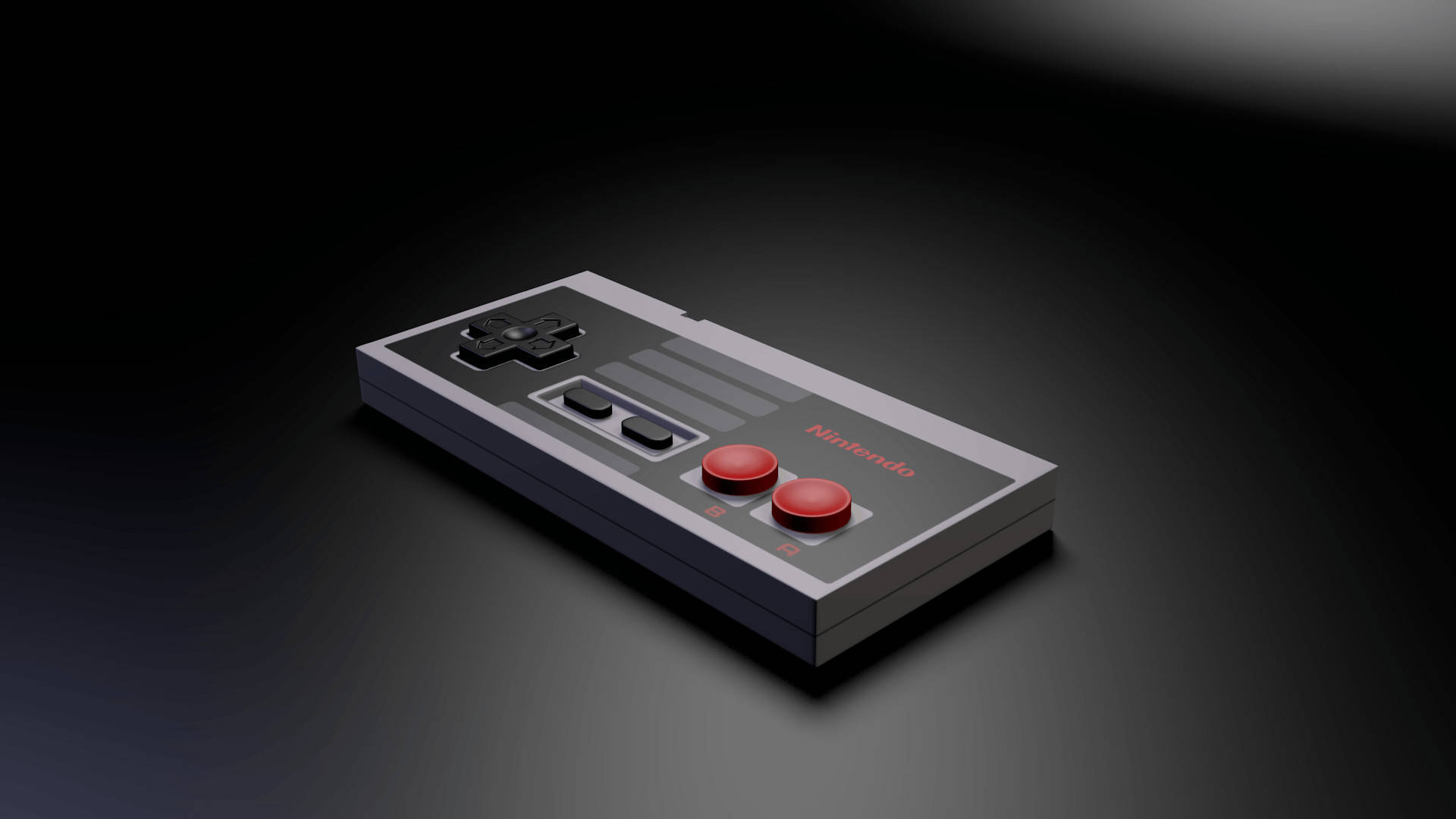 黑色背景 NES 控制器 壁紙 — 經典任天堂娛樂系統控制器在黑暗漸變背景上，於戲劇性聚光燈下發光。