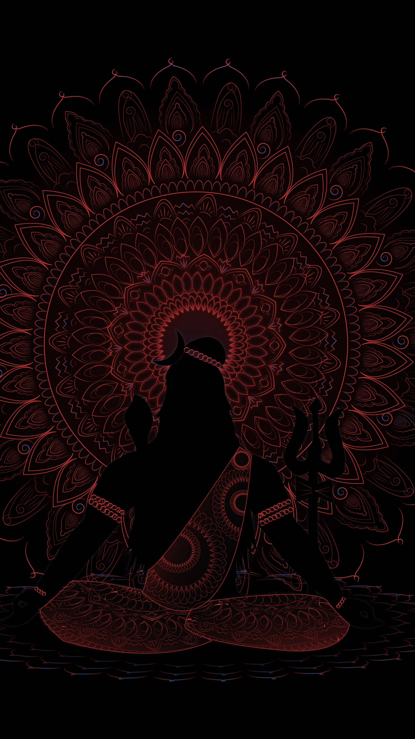 shiva dark 桌布 壁紙 — 黑色背景上，一位神明以冥想姿勢呈現剪影，周圍環繞著複雜的發光紅色曼陀羅圖案。