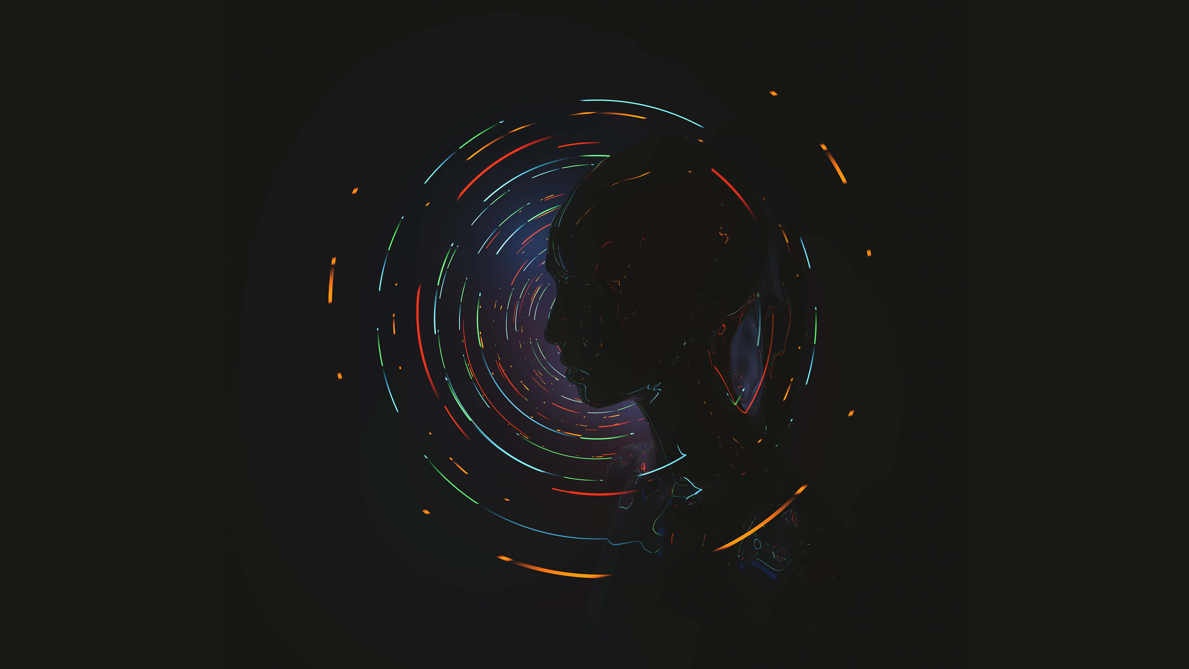 Minimalist Technology 桌布 壁紙 — 黑色背景上，一個人類頭部側面的暗色剪影，被旋轉的霓虹燈光軌跡包圍。
