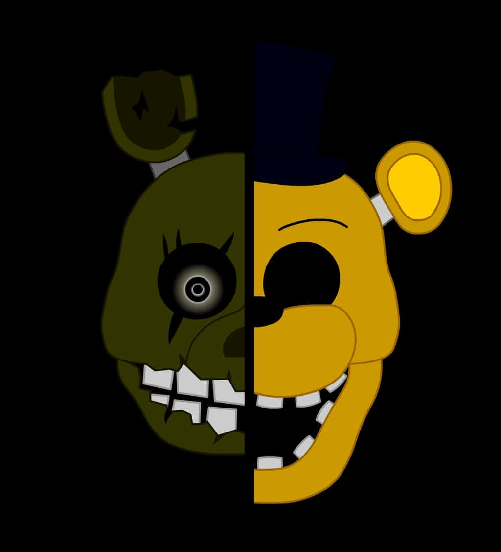 Golden Freddy 桌布 壁紙 — 黑色背景上，一個兇惡的綠色機械動畫角色和一個快樂的黃色熊的分面插圖。