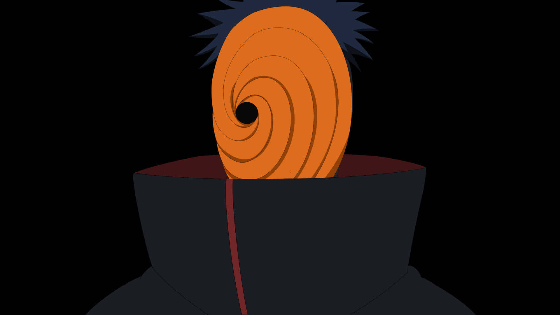 Naruto Black 桌布 壁紙 — 黑色背景上，一個動漫角色的橙色螺旋眼睛從暗色斗篷中窺視的特寫。
