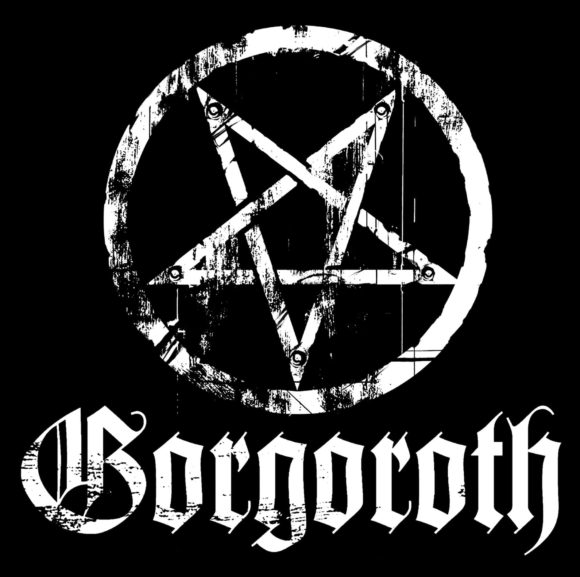 Black Metal Music 桌布 壁紙 — 黑色背景上，一個圓圈內有一個破舊的白色倒置五角星，下方有「Borgoroth」字樣。