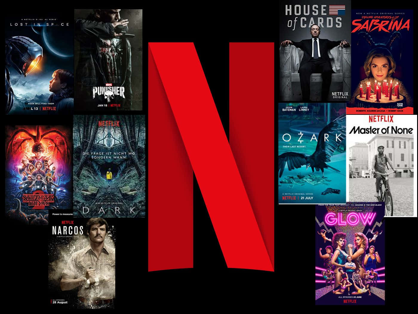 Video-on-demand 桌布 壁紙 — 黑色背景上，一個大型紅色Netflix標誌周圍排列著Netflix節目海報的拼貼畫。