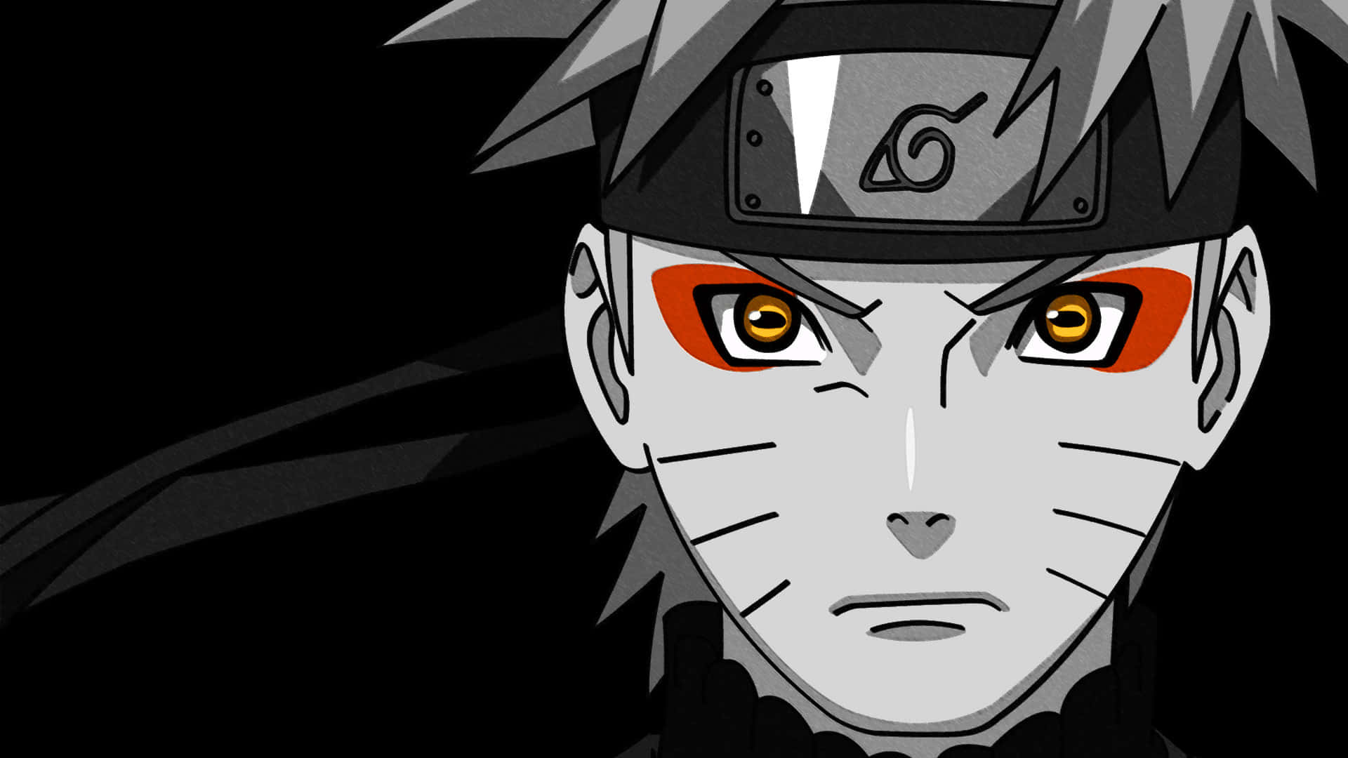 Naruto Black 桌布 壁紙 — 黑色背景上，一個擁有尖刺頭髮和發光橙色眼睛的動漫角色的特寫。