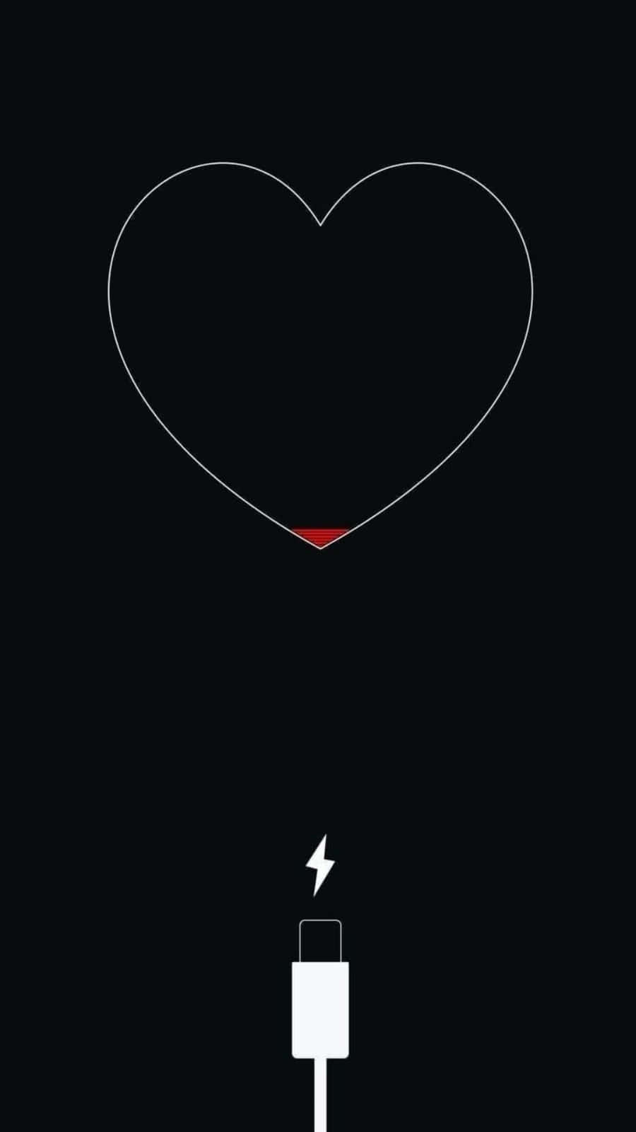 Heart Shape 桌布 壁紙 — 黑色背景上，一個極簡白色心形輪廓，底部帶有紅色充電指示燈，連接帶有閃電符號的USB線。