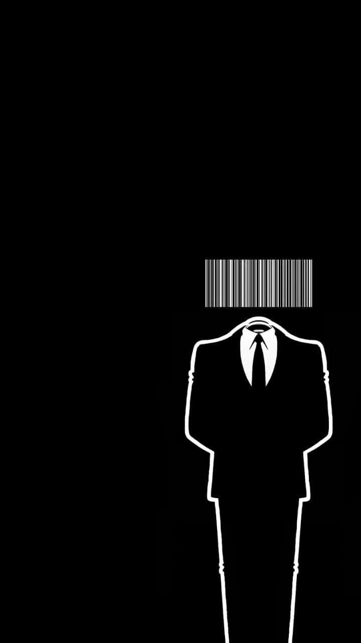 Barcode Scanning 桌布 壁紙 — 黑色背景上，一個穿著西裝、頭部為條碼的男性極簡白色剪影。