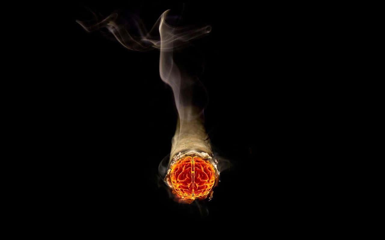 Burn 桌布 壁紙 — 黑色背景上，一根冒煙的香煙底部有一個發光的大腦形狀的餘燼。