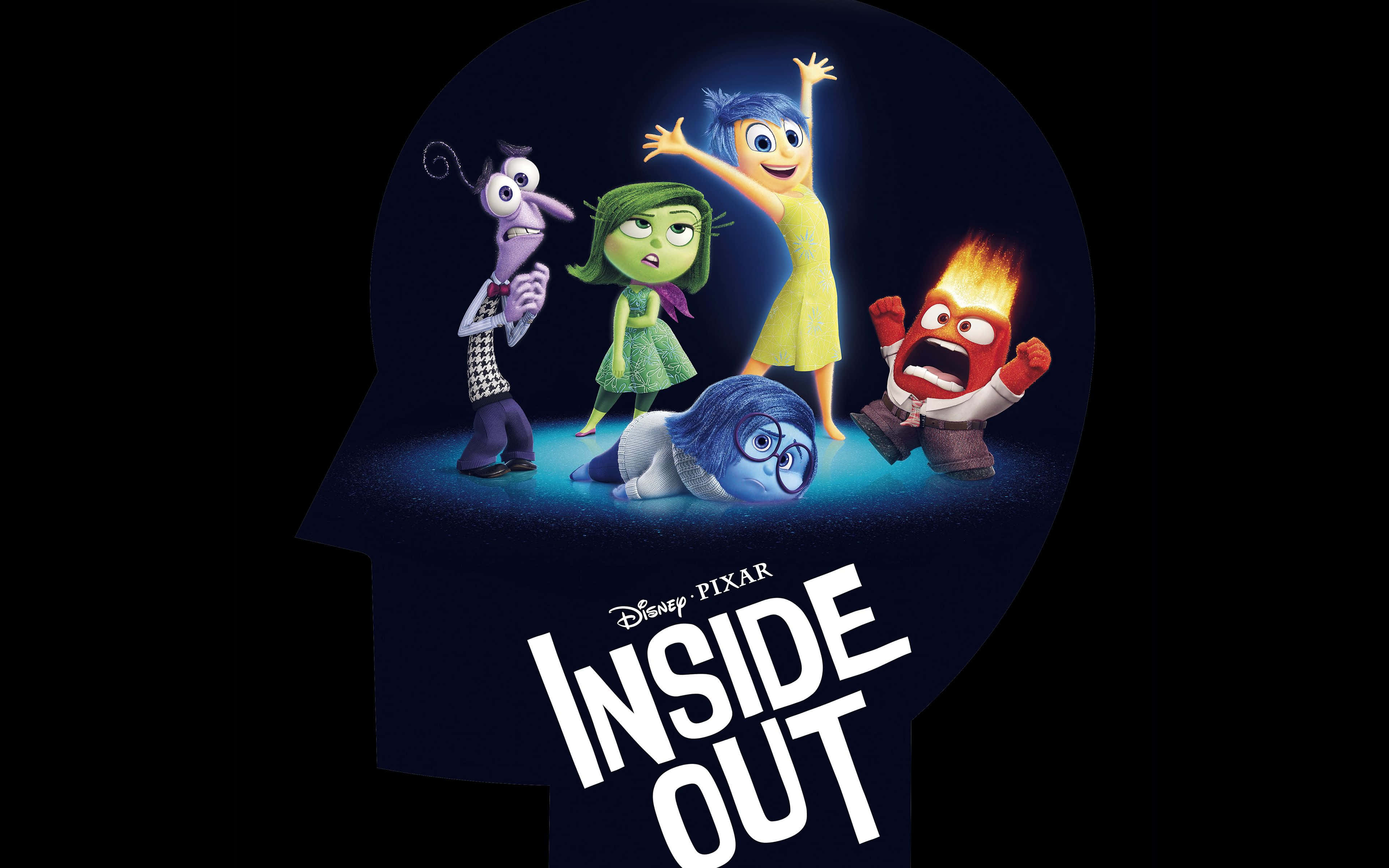 Inside Out 桌布 壁紙 — 黑色背景上，人類頭部剪影內有五個色彩繽紛的動畫情緒角色。