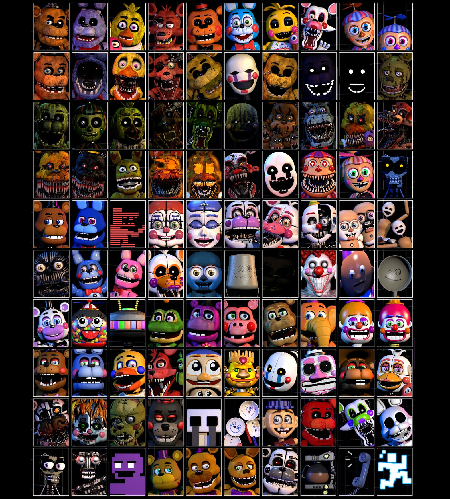 Ultimate Custom Night 桌布 壁紙 — 黑色背景上，來自《Five Nights at Freddy's》的64個電子動畫角色，表情和顏色各異的網格。