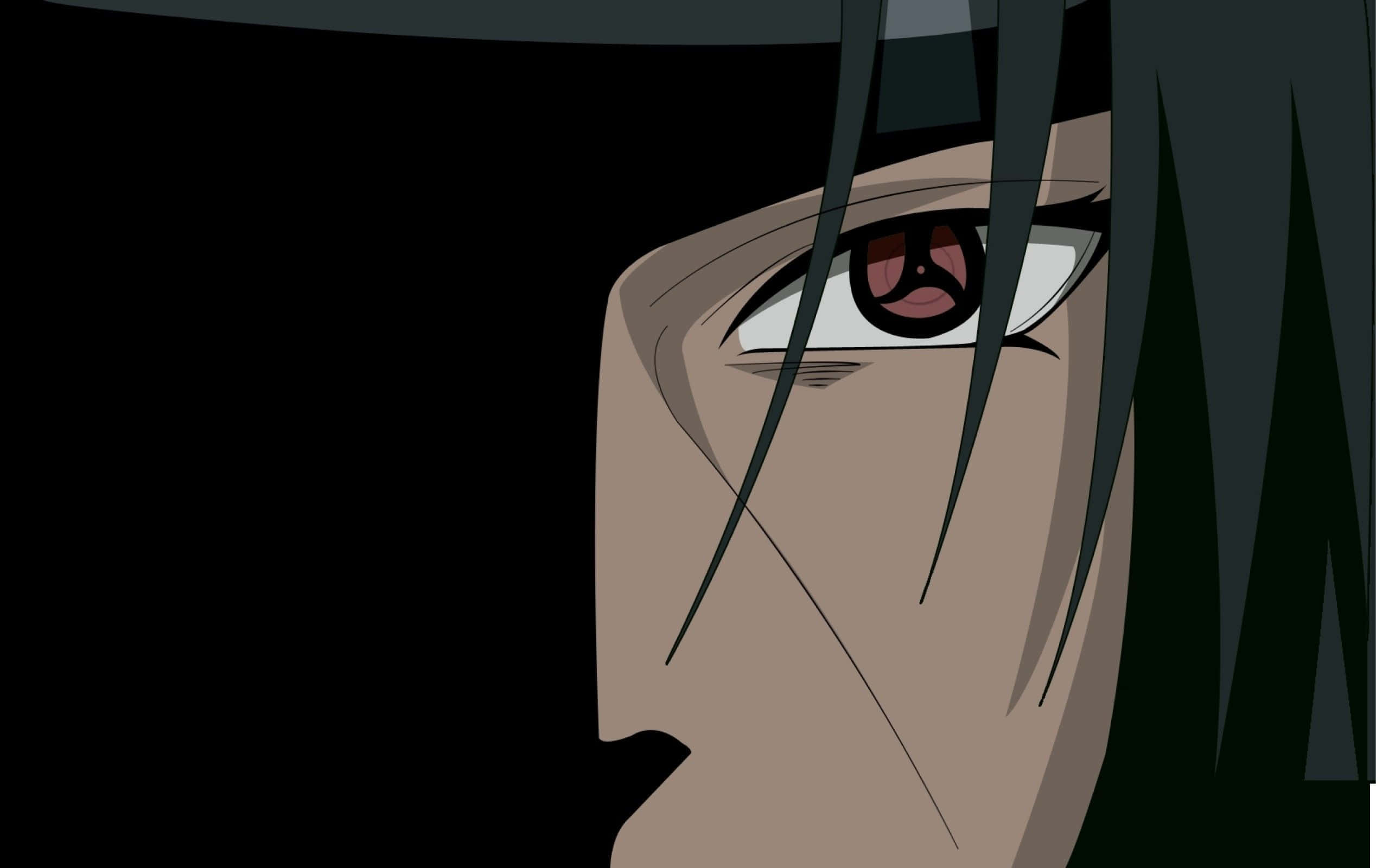 Itachi 桌布 壁紙 — 黑色背景上，動漫角色帶有紅色螺旋瞳孔的銳利眼睛特寫。