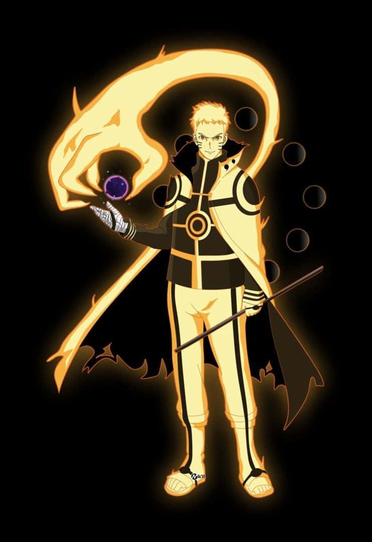 Sage Of Six Paths 桌布 壁紙 — 黑色背景上，動漫角色鳴人處於六道仙人模式，帶有發光的橙色查克拉和紫色球體。