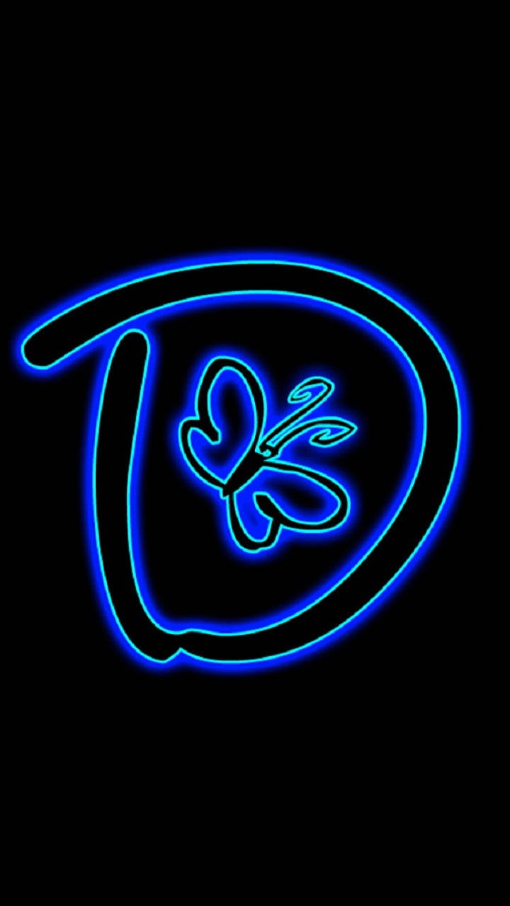 neon aesthetic iPhone 桌布 壁紙 — 黑色背景上，彎曲字母D內發光的藍色霓虹蝴蝶標誌。
