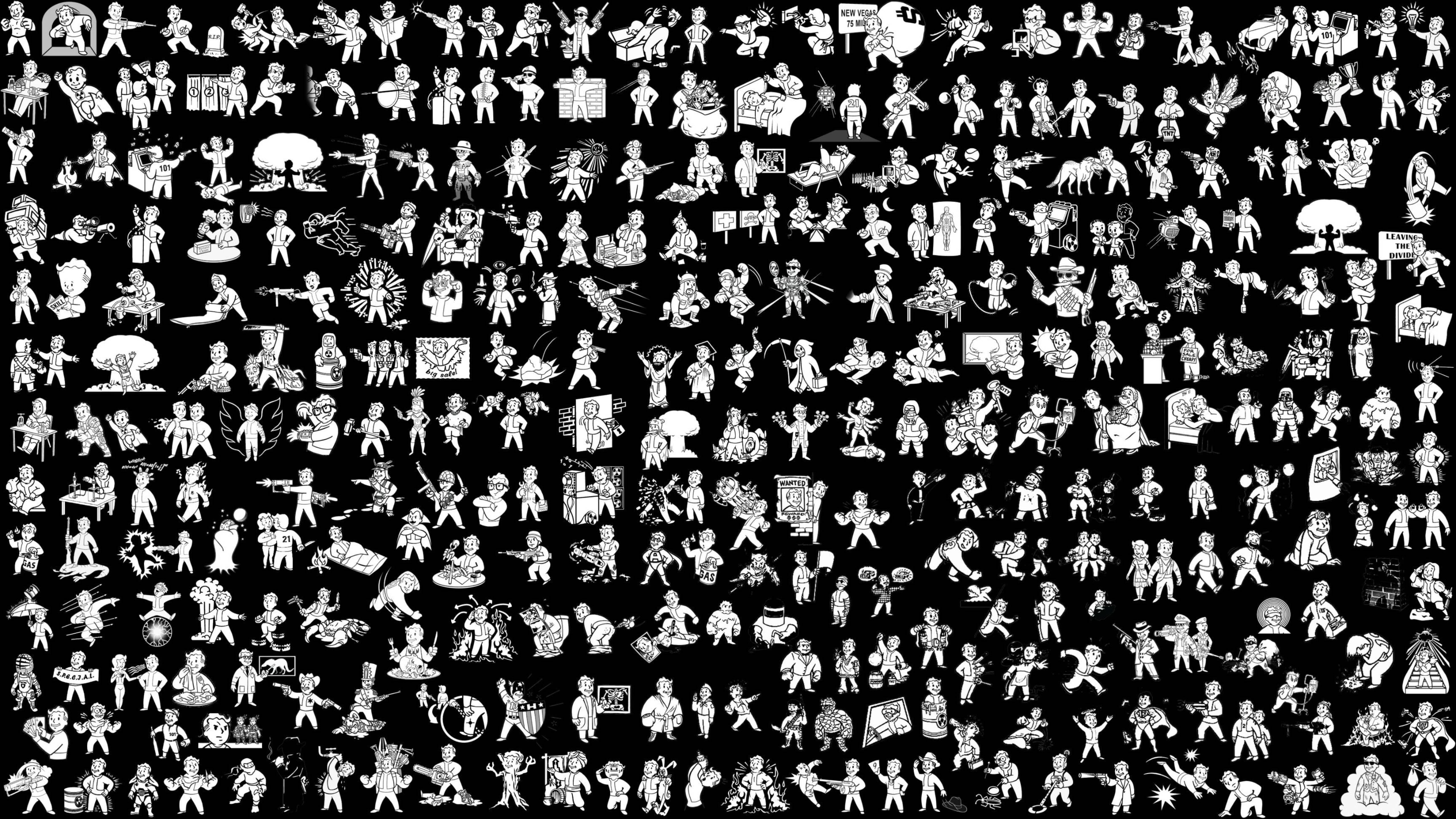 Fallout 4 桌布 壁紙 — 黑色背景上，白色極簡火柴人各種動態姿勢的密集網格。
