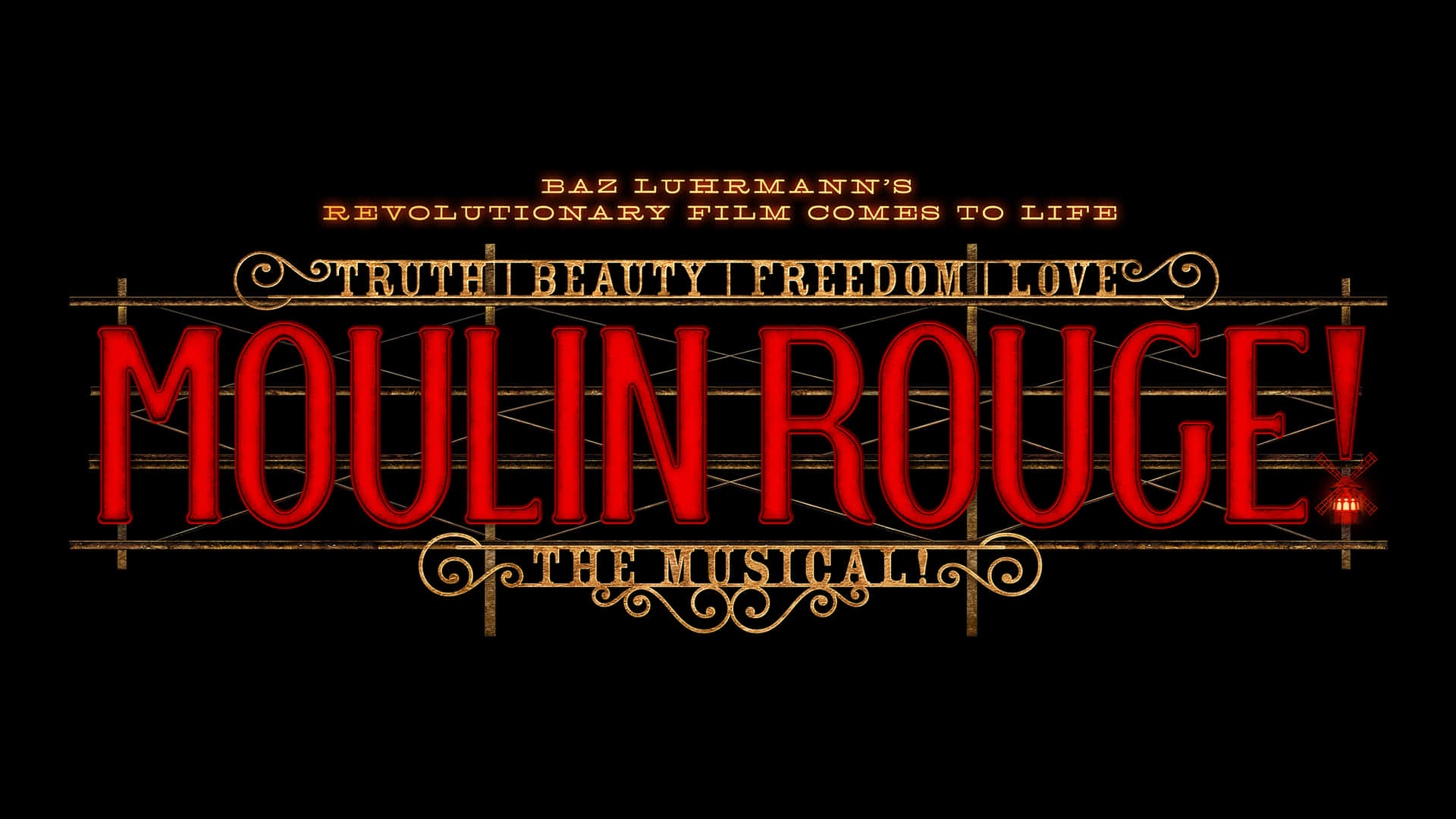  壁紙 — 黑色背景上，華麗金色畫框內有粗體紅色「MOULIN ROUGE!」標題，上方有標語。