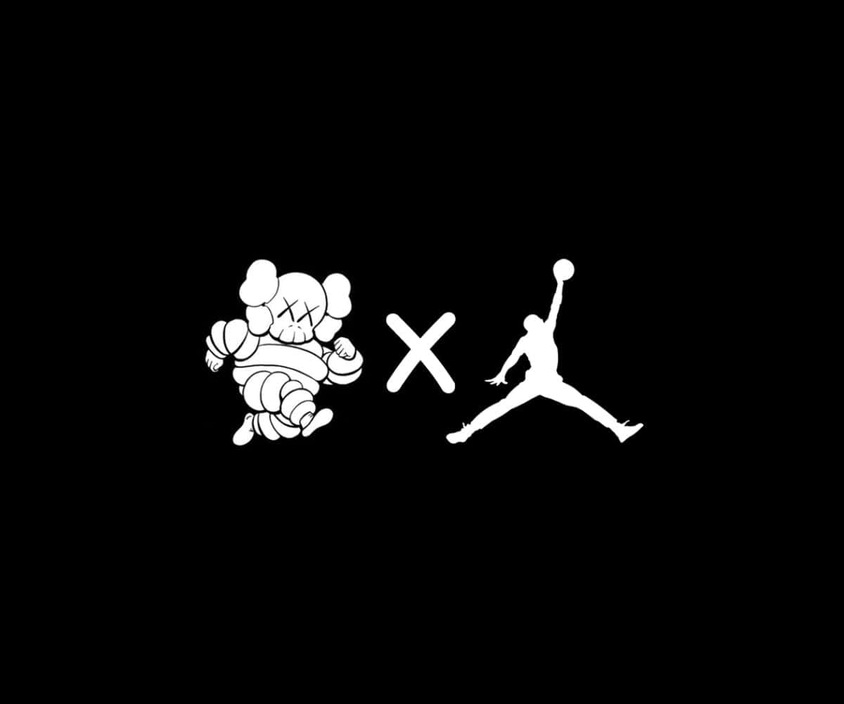 Kaws X Air Jordan 桌布 壁紙 — 黑色背景上KAWS角色和Jordan標誌的白色剪影，中間有一個十字符號。