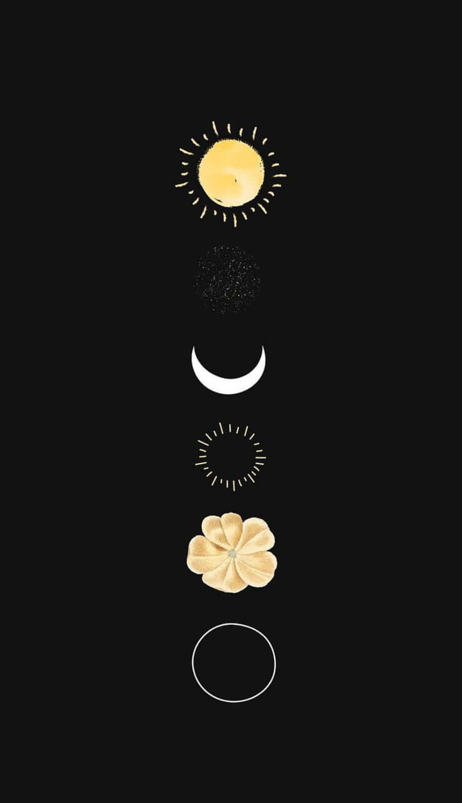 Symbolism 桌布 壁紙 — 黑色背景上以極簡風格垂直排列的天體與抽象符號。