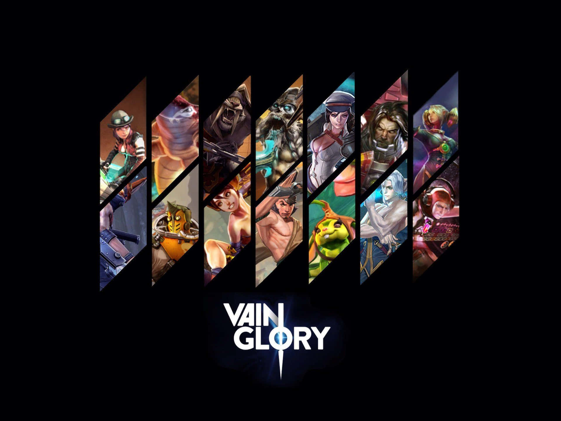 Vainglory 桌布 壁紙 — 黑色背景上以鑽石形面板展示色彩繽紛的遊戲角色動態拼貼，下方為 Vain Glory 標誌。