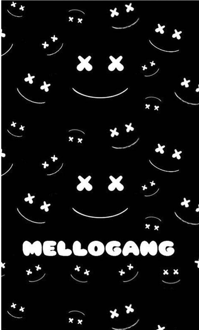 黑色背景上有白色笑臉和粗體白色文字寫著MELLOGANG。 — 簡約風格 壁紙